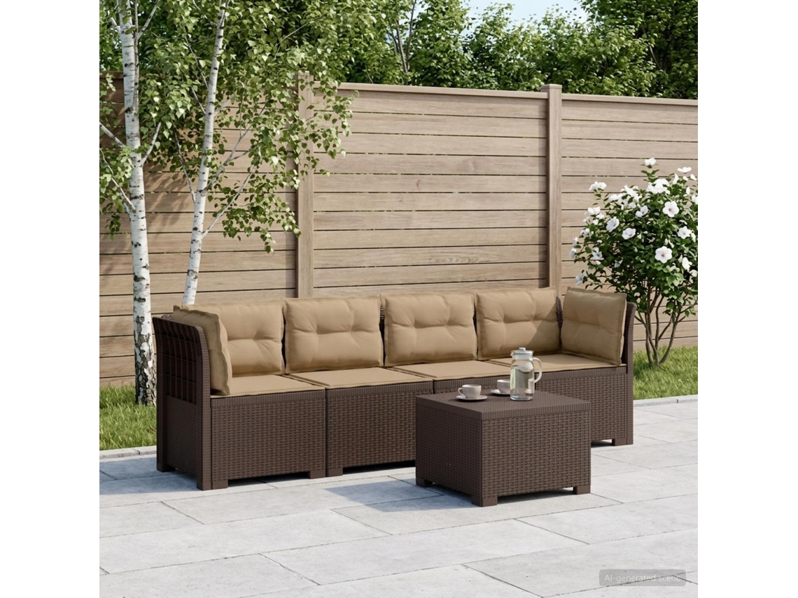 Vidaxl Sofá De Jardim 4 Lugares Com Almofadas Look Rattan Pp Castanho