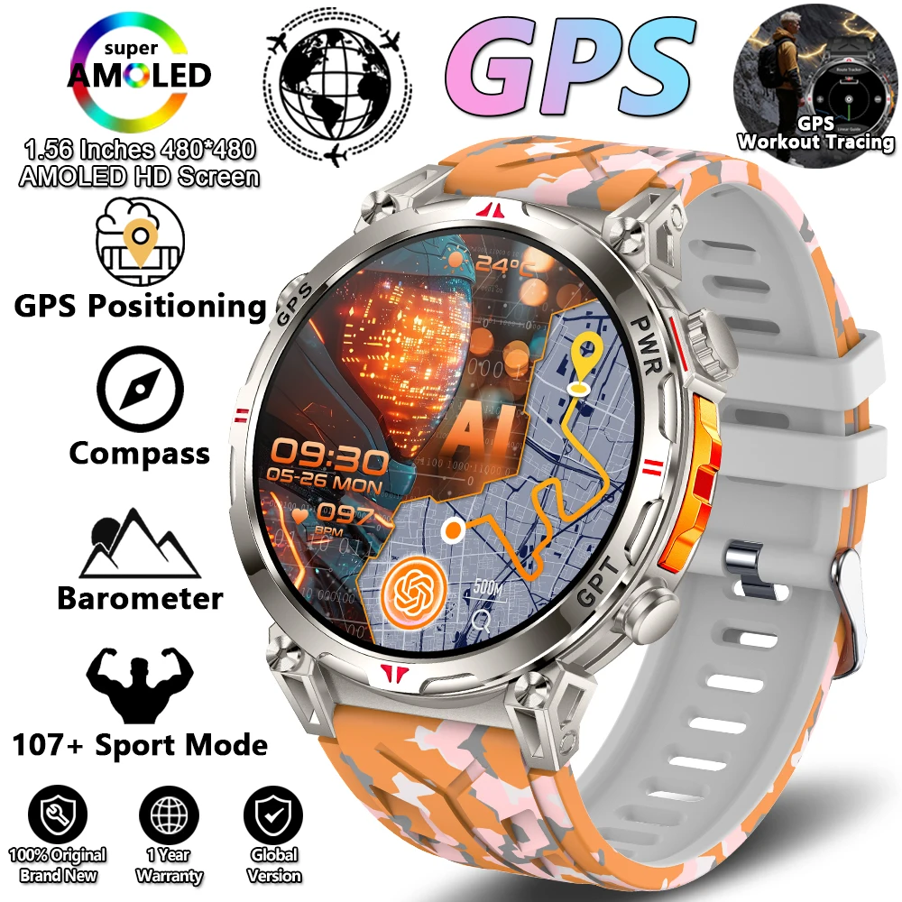(camuflagem Laranja) Smartwatch Com Gps Integrado, Resistência À Água De Nível Militar 3atm, Mais De 100 Modos Esportivos