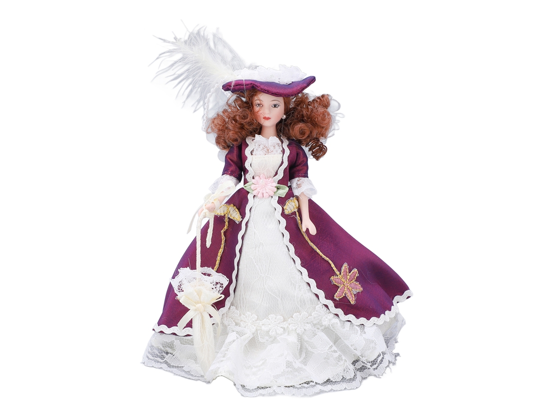 Ats muñeca de Porcelana Miniatsura Estilo Victoriano com Saia Roxa Escura e Chapéu para Decoração de Casa de Bonecas 1/12