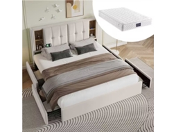 Cama De Casal Com Carregamento Sem Fio Usb C 4 Gavetas, Cama Estofada Estrutura 160x200cm, Base Ripada Feita De Veludo Madeira-bege Com Colchão