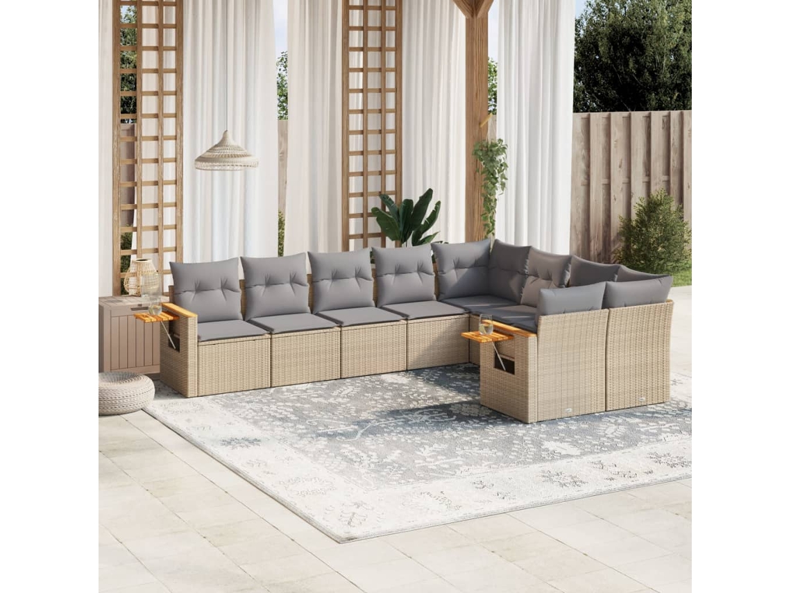 Vidaxl 9 Pcs Conjunto De Sofás P/ Jardim Com Almofadões Vime Pe Bege