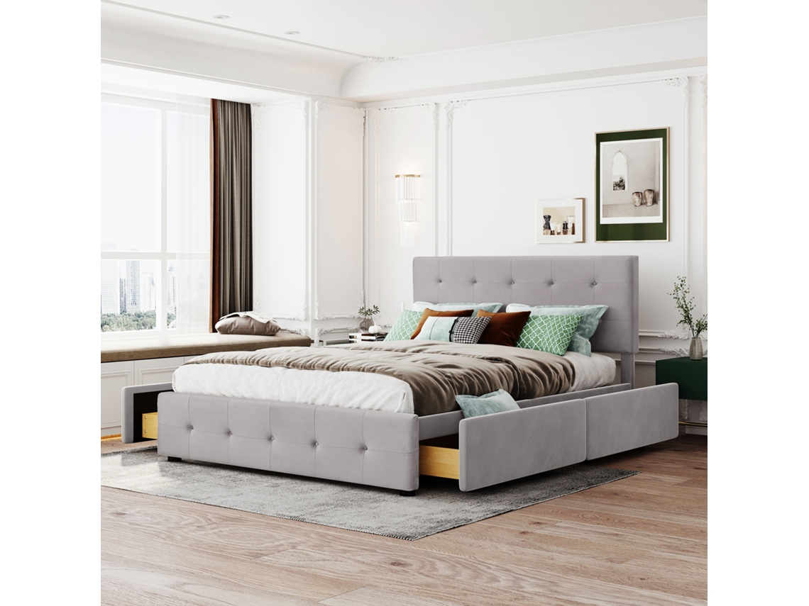 Cama Casal Cinza 140x200cm Estofada, Veludo, Gavetas, Ripas (s/ Colchão).-op