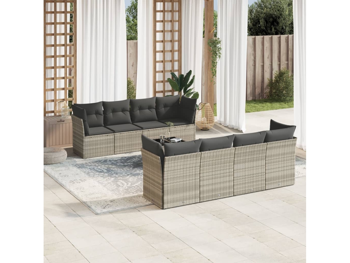 Vidaxl 9 Pcs Conj. Sofás Jardim Com Almofadões Vime Pe Cinzento-claro
