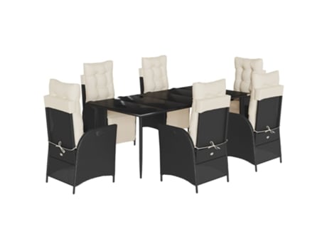 Conjunto 7 de jantar p/ jardim c/ almofadões VIDAXL vime PE preto