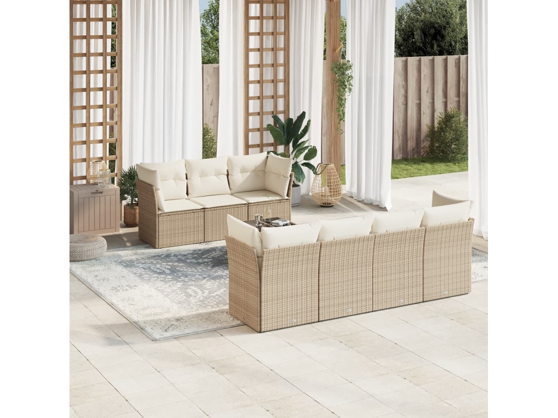 Vidaxl 8 Pcs Conjunto De Sofás P/ Jardim Com Almofadões Vime Pe Bege