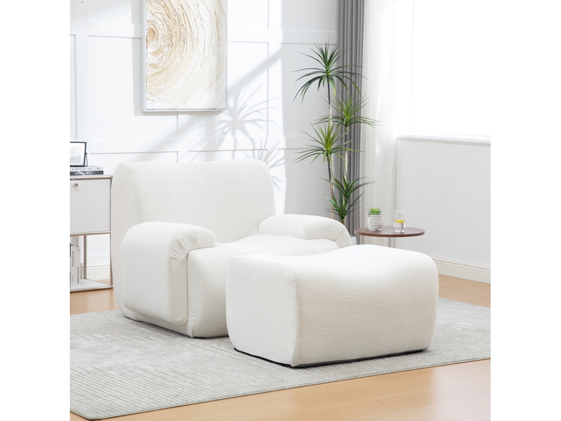 Poltrona Em Chenille Com Otomana, Espuma 30d, Sem Montagem, Para Sala - Marfim