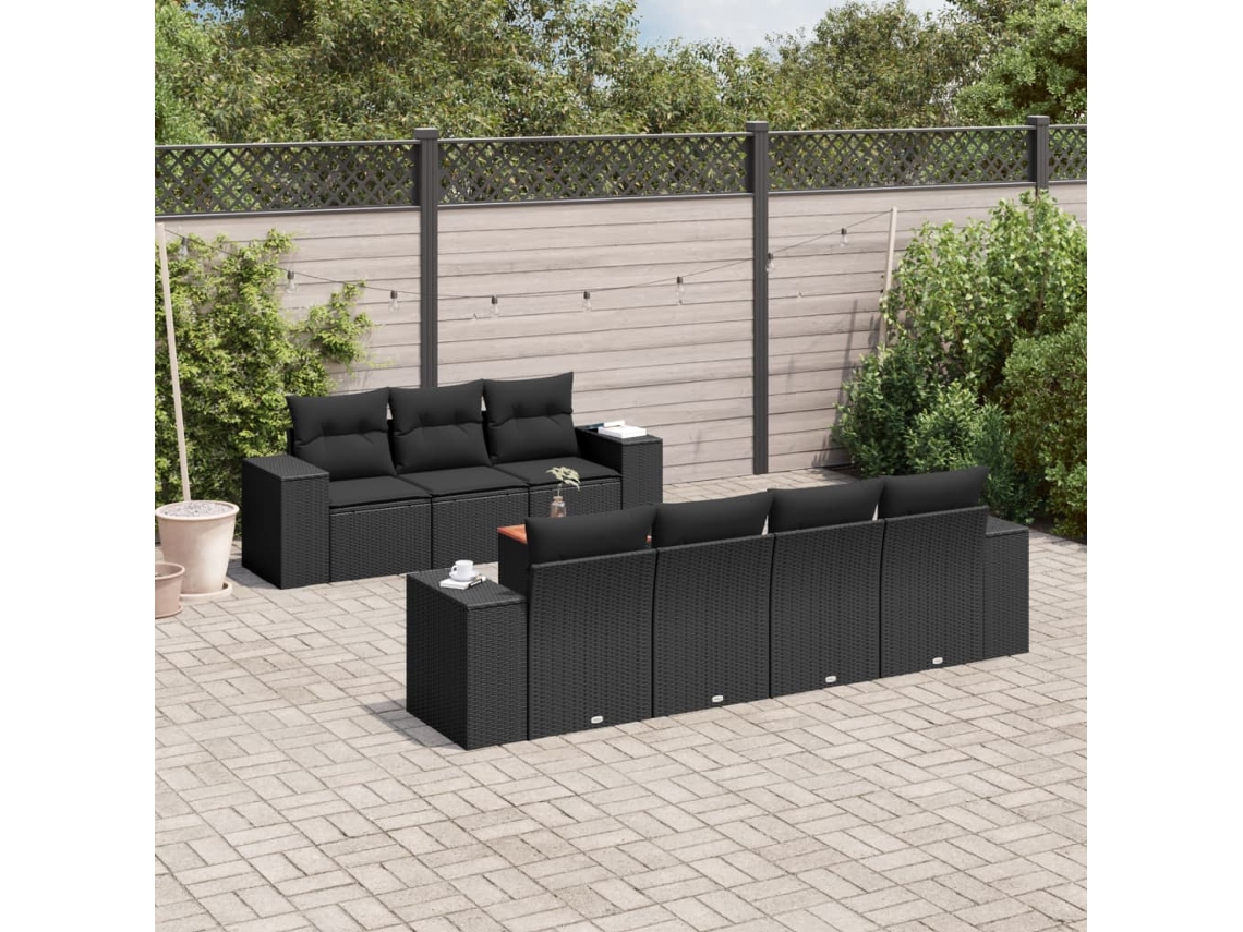 8 Pcs Conjunto Sofás De Jardim Com Almofadões Vime Pe Preto Dkd Home Decor