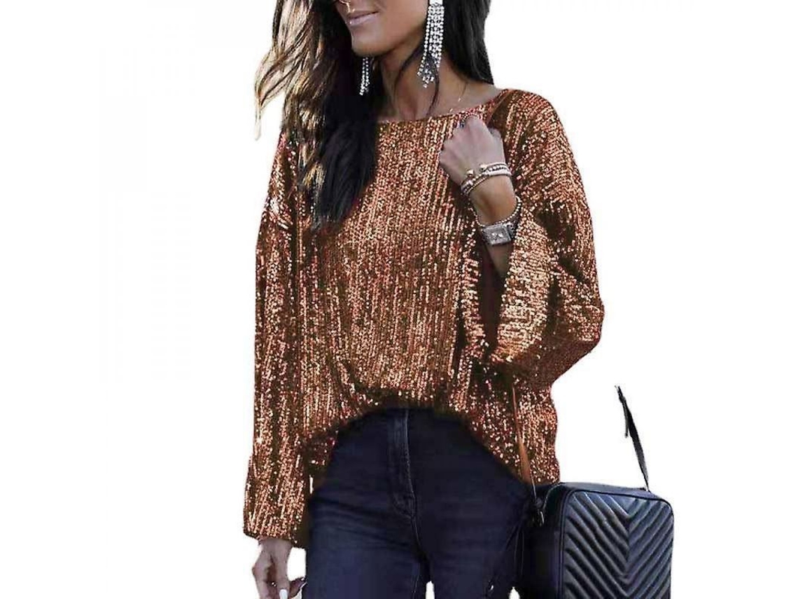 2026 camiseta de Manga Longa com Gola Redonda Solta para Mulher com Lentejuelas e Brilhos M Oro