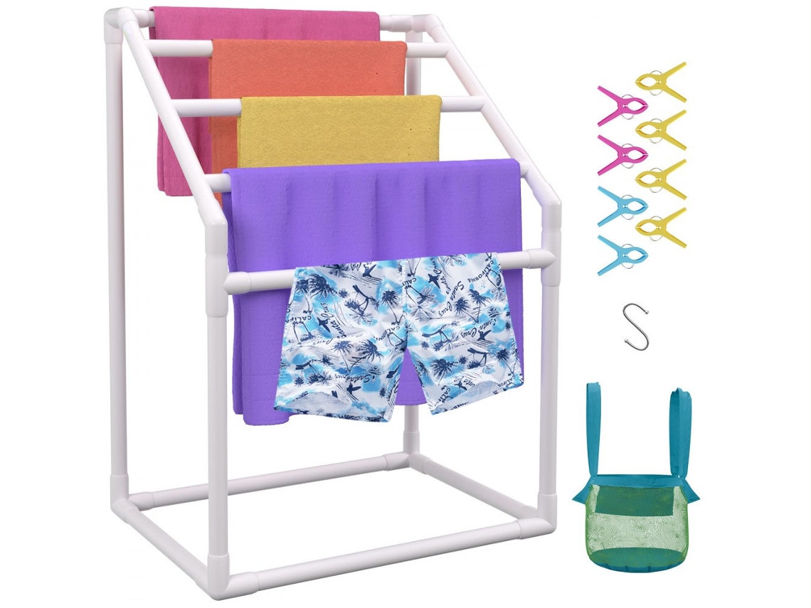 Porta Toalha De Piscina Em Pvc Com 5 Barras, Ganchos E Acessórios Tekmaquinas