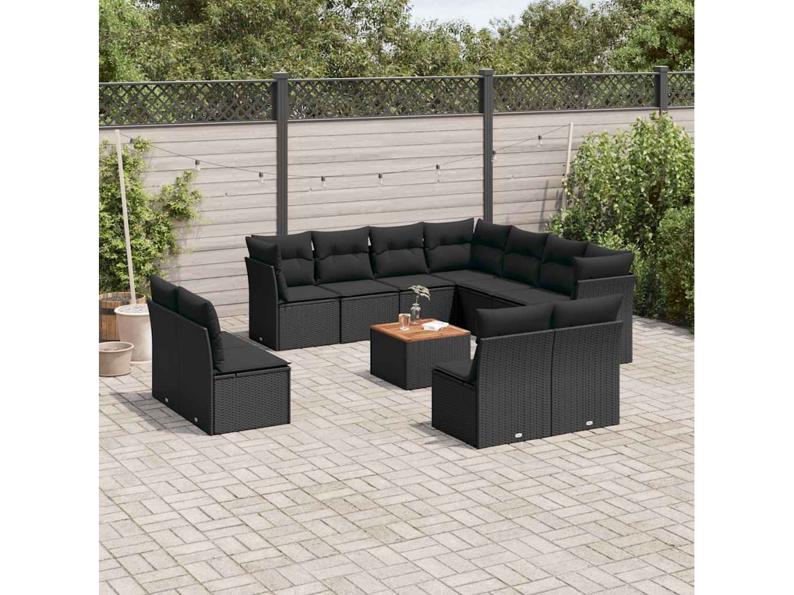 Vidaxl 12 Pcs Conjunto de Sofás de Jardim C/ Almofadões Vime Pe Preto