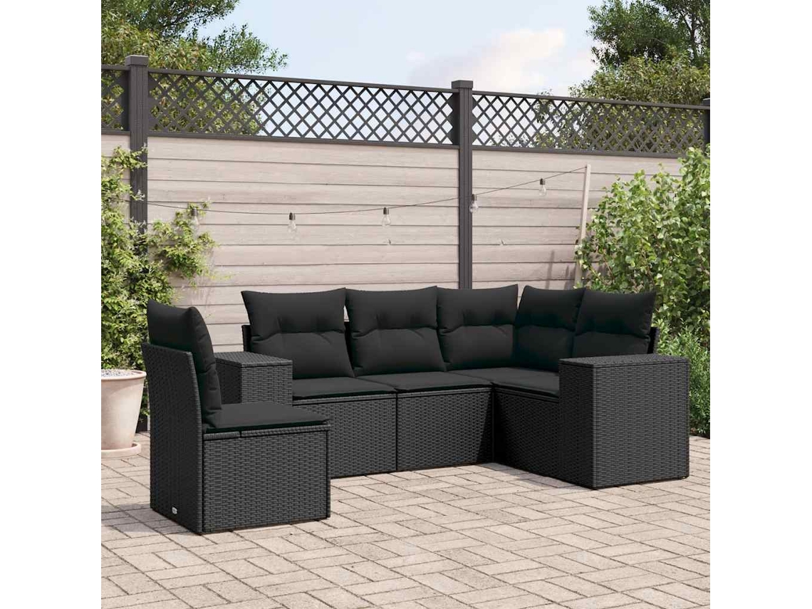 Vidaxl 5 Pcs Conjunto Sofás De Jardim Com Almofadões Vime Pe Preto