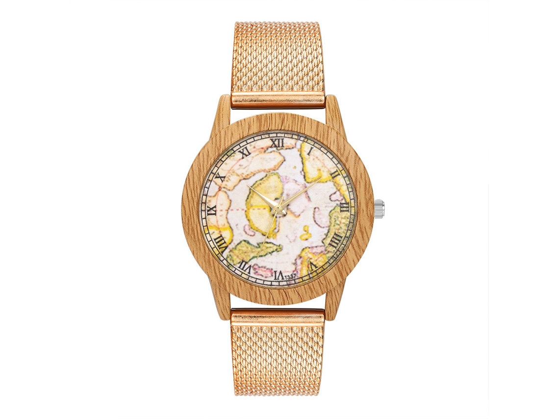 Relógio de pulso de quartzo moderno com pulseira de malha para mulheres e homens, mostrador redondo (ouro rosa)