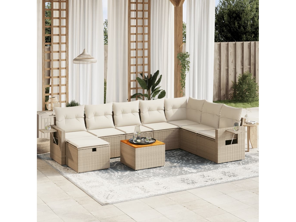 Conjunto de 9 Sofás para Jardim com Almofadas Vime Pe Bege Dkd Home Decor