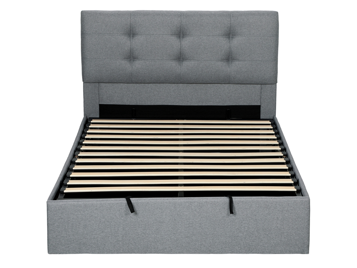 Cinza Cama 140x190 De Baú Estrutura Casal Estofada Com Base Ripas Madeira E Armazenamento Oculto Sem Colchão