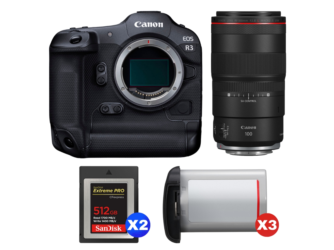 Eos R3 + Rf 100mm F/2.8 L Macro Is Usm + 2 Sandisk 512gb Extreme Pro Cfexpress Type B + 3 Canon Lp e19 + Ebook Pricedirect CANON