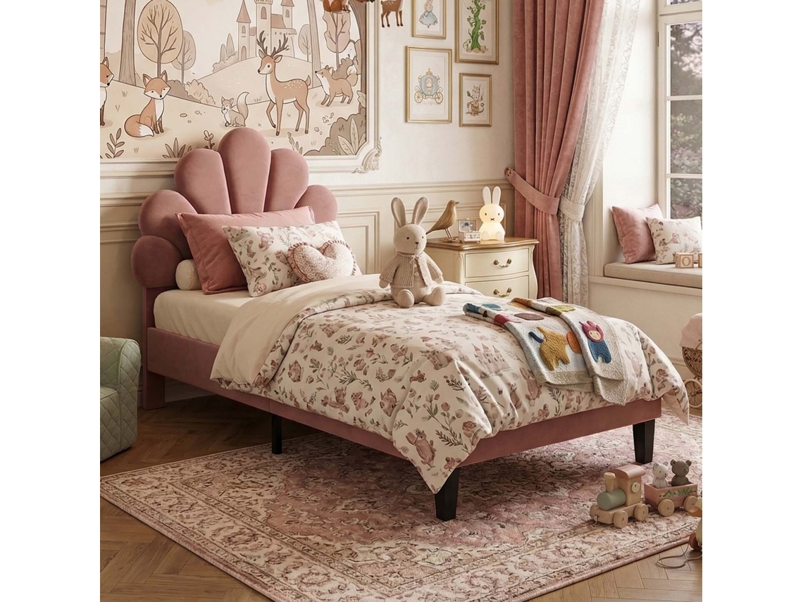 Cama Individual de Terciopelo Con Cabecero de Pétalos, Diseño Elegante, Burdeos, 90x200 Cm LAZYSPACE