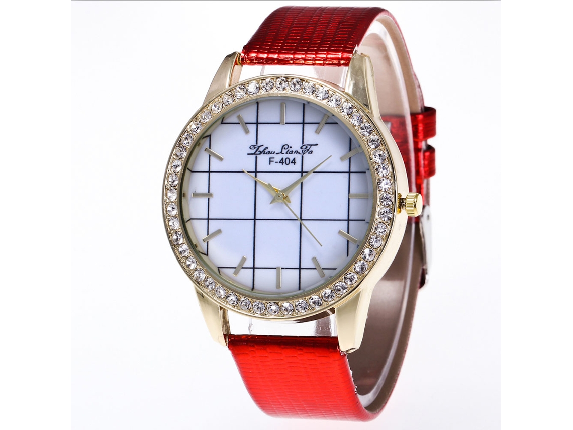 Relógio de Pulso Feminino Analógico Quartzo Pulseira Pu Mostrador Grande com Cristal Vermelho