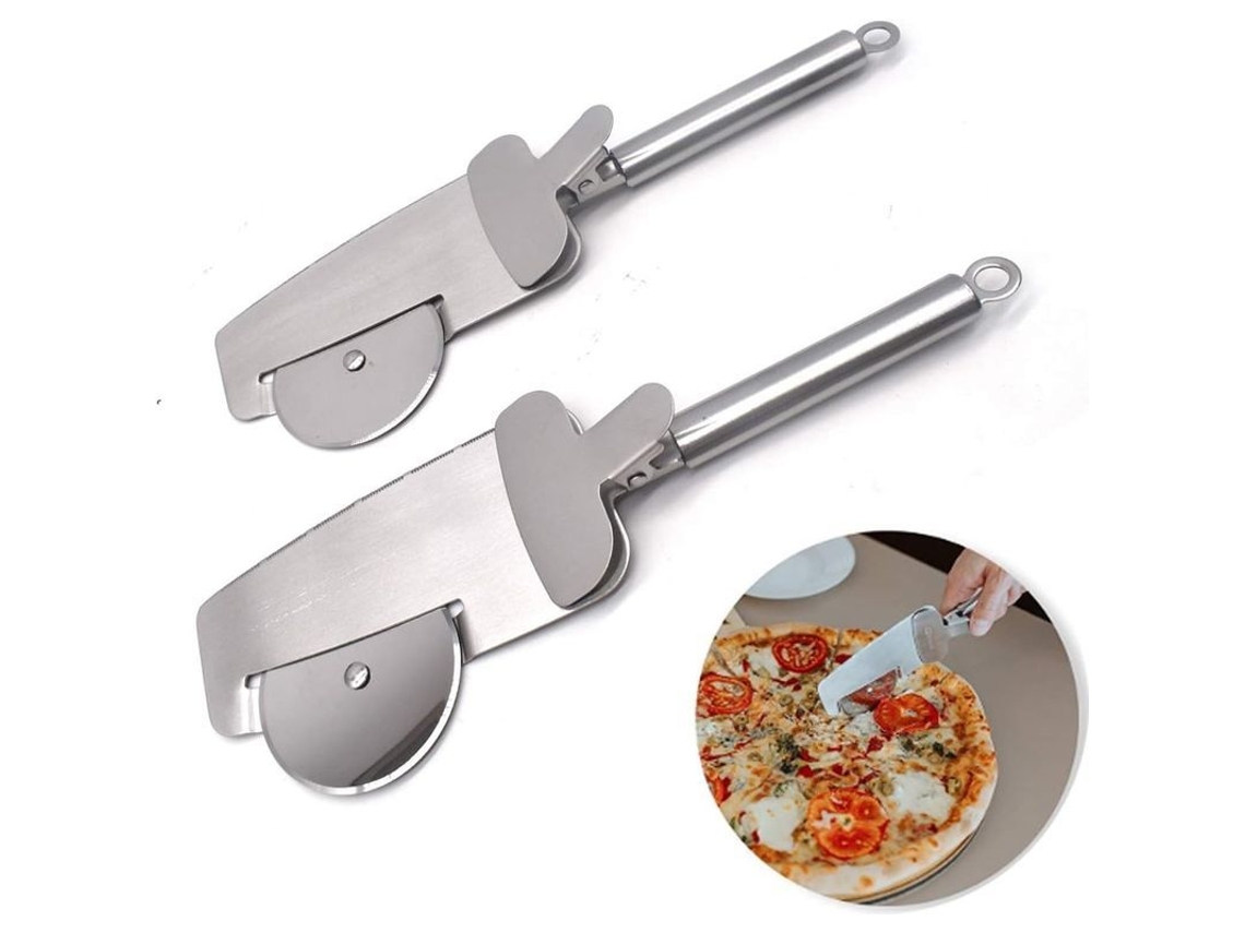 Cortador de pizza multifuncional 4 em 1, aço inoxidável 430, 2 peças, para pizza, bolos e carne.