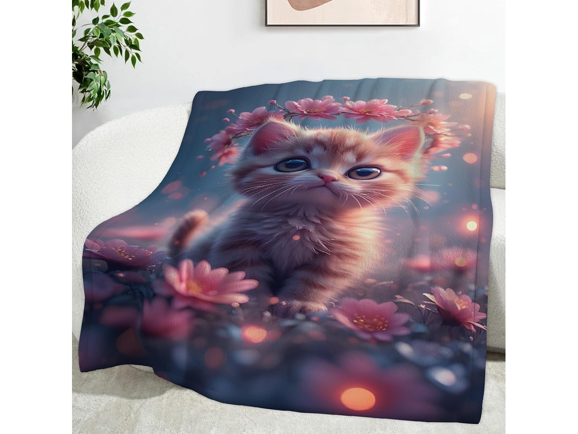 Manta Guirlanda de Flores Gato Desenho Animado 130x150 Cm Multifuncional Macia Colcha Flanela Aconchegante Par