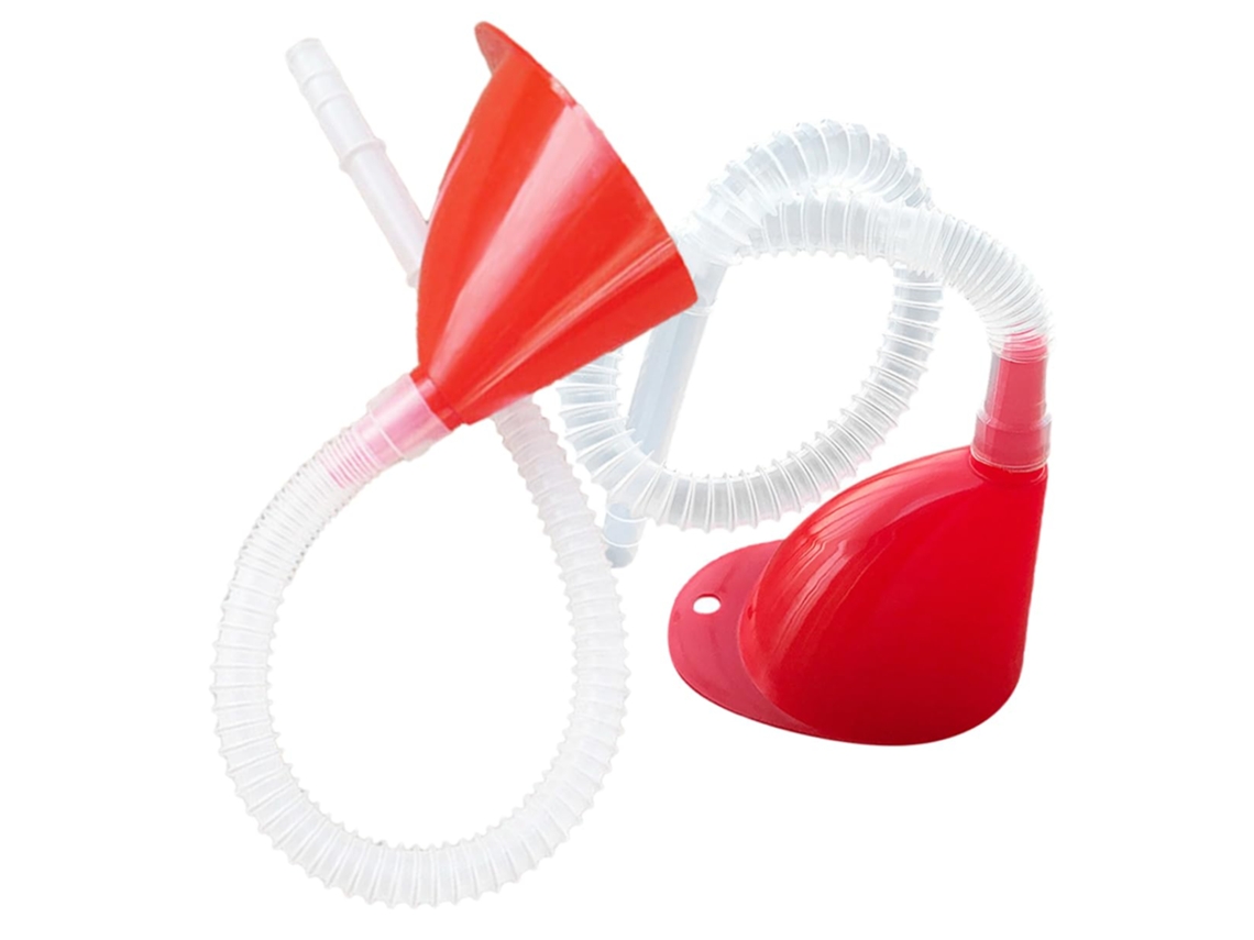 Funil De Combustível De Plástico Vermelho Com Mangueira Transparente Alongada.
