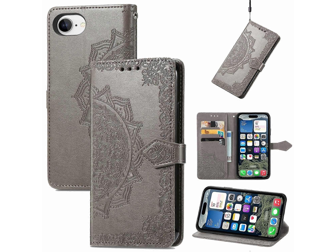 Capa Tipo Carteira Para Iphone 16e Com Estampa De Mandala E Flor De Couro