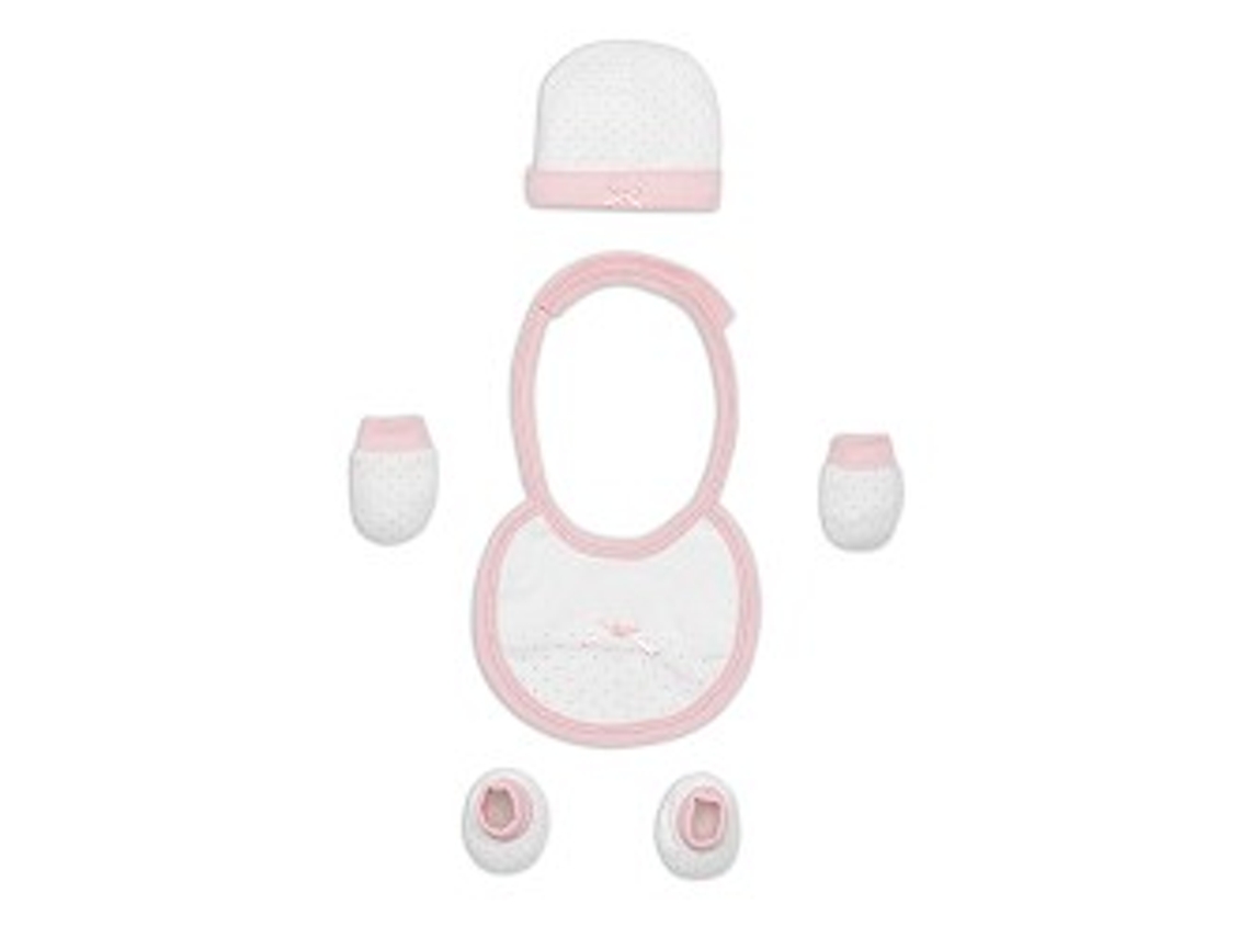 Conjunto de 4 Peças INTERBABY 100% Algodão T 0-6 M (Gorro-Peucos-Manoplas-Babete - Rosa)