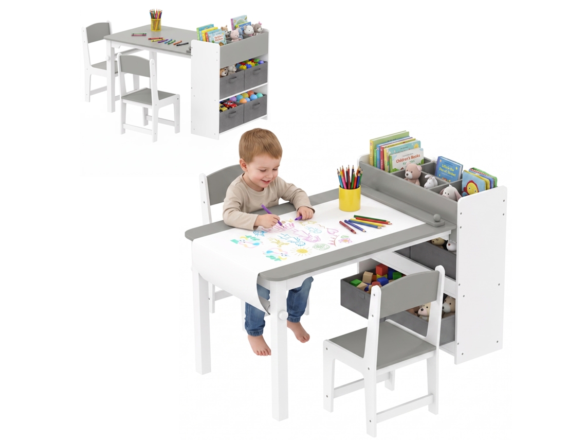 Conjunto De Mesa E Cadeiras Infantis Com 2 E Com Espaço Para Guardar Objetos, Feito De Madeira E Tecido Não Cinza E Branco