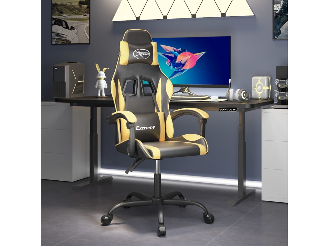 Vidaxl Cadeira Gaming Giratória Couro Artificial Preto E Dourado