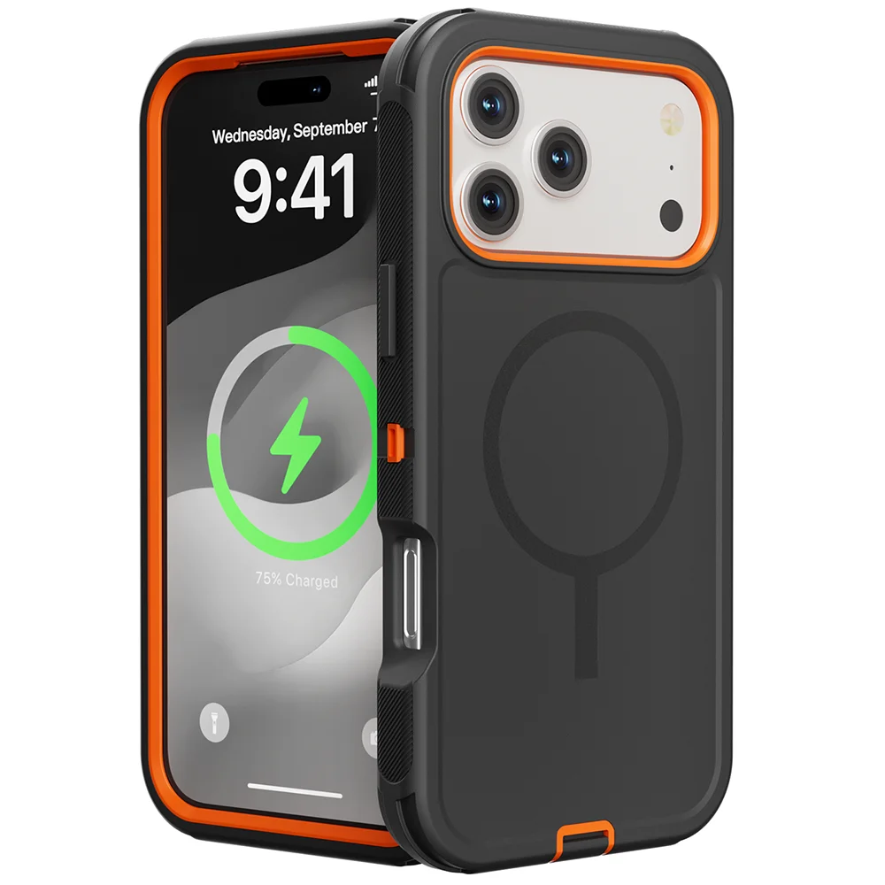 Capa Para Celular (preta E Laranja, Iphone 12 Pro Max), Compatível Com Fixação Magnética Magsafe, Capa Protetora À Prova De Choque.
