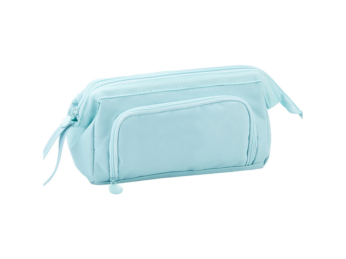 Estojo infantil azul de dupla camada com zíper e janela transparente.