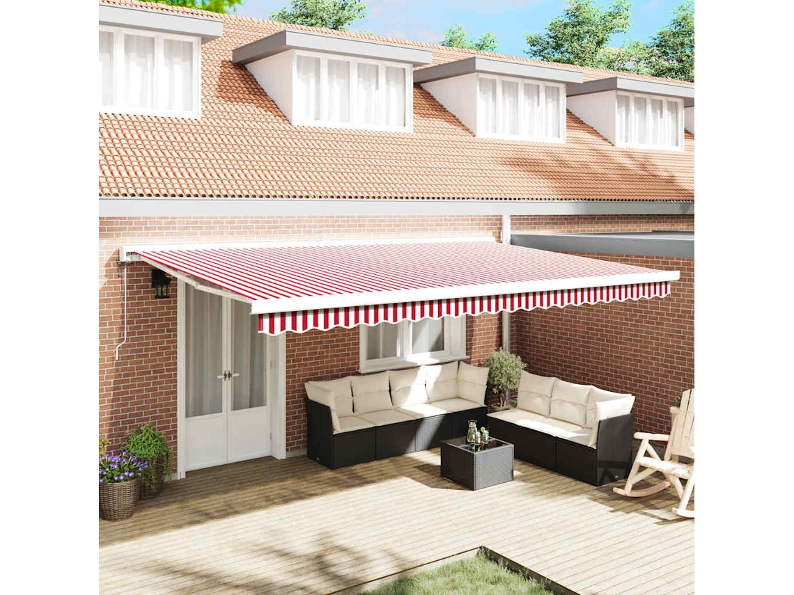 Vidaxl Toldo Retrátil Vermelho E Branco 500 × 300 Cm Tecido E Metal