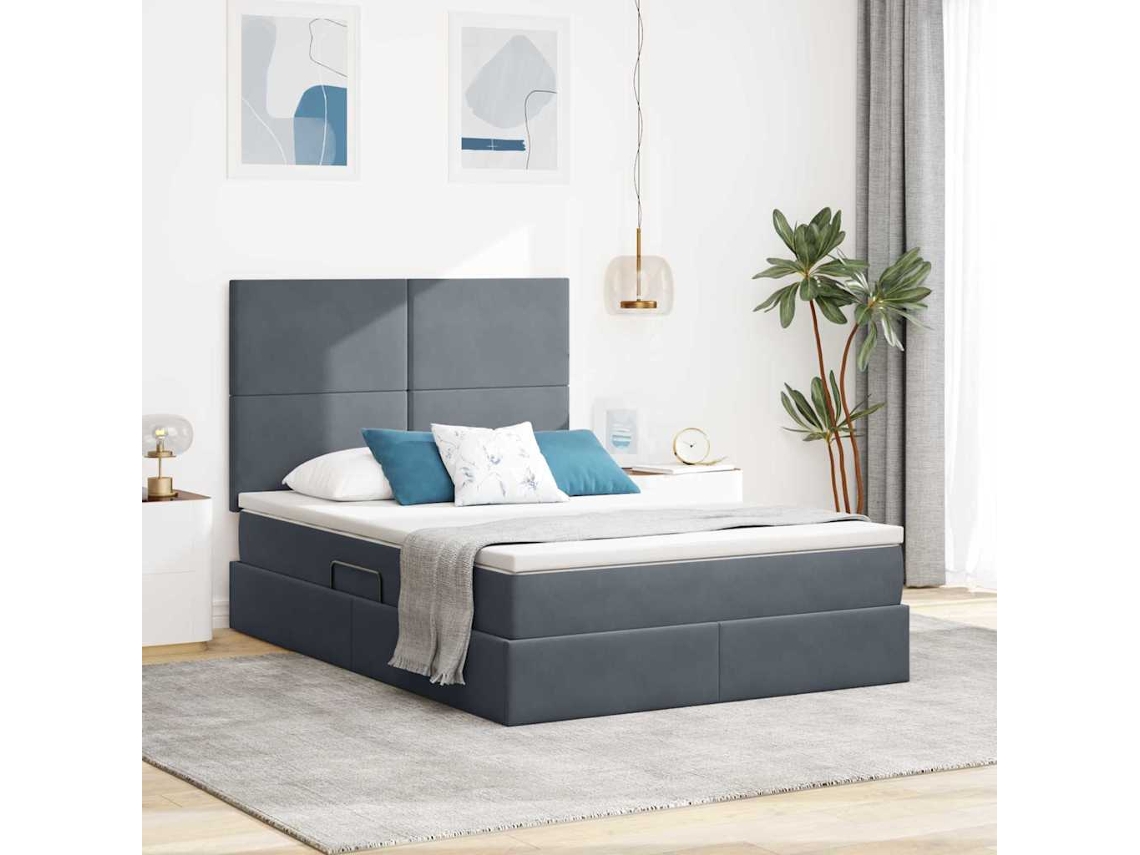 Vidaxl Cama Com Arrumação E Colchão Cinza Escuro 140 X 200 Cm Veludo