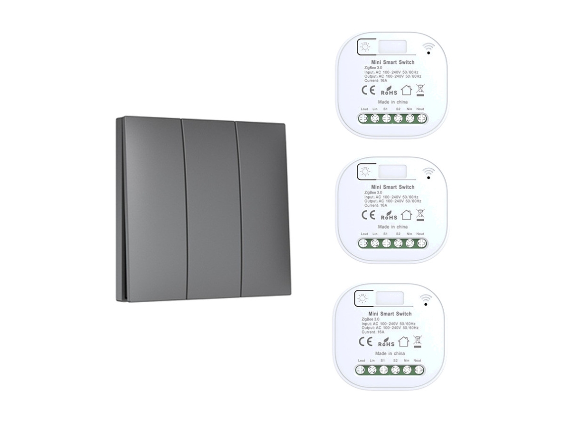 Interruptor Sem Fio Autoalimentado Tuya Zigbee 3 Botoes 1 Comando Cinza