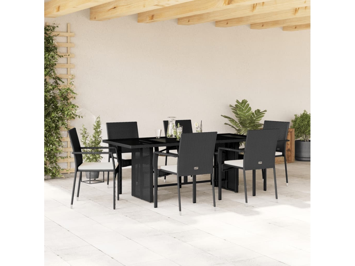 Vidaxl 7 Pcs Conjunto De Jantar P/ Jardim C/ Almofadões Vime Pe Preto