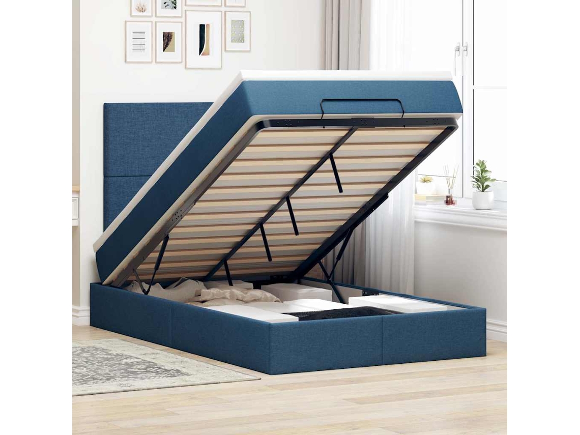 Vidaxl Estrutura De Cama Otomana Com Colchão 120x200 Cm Tecido Azul