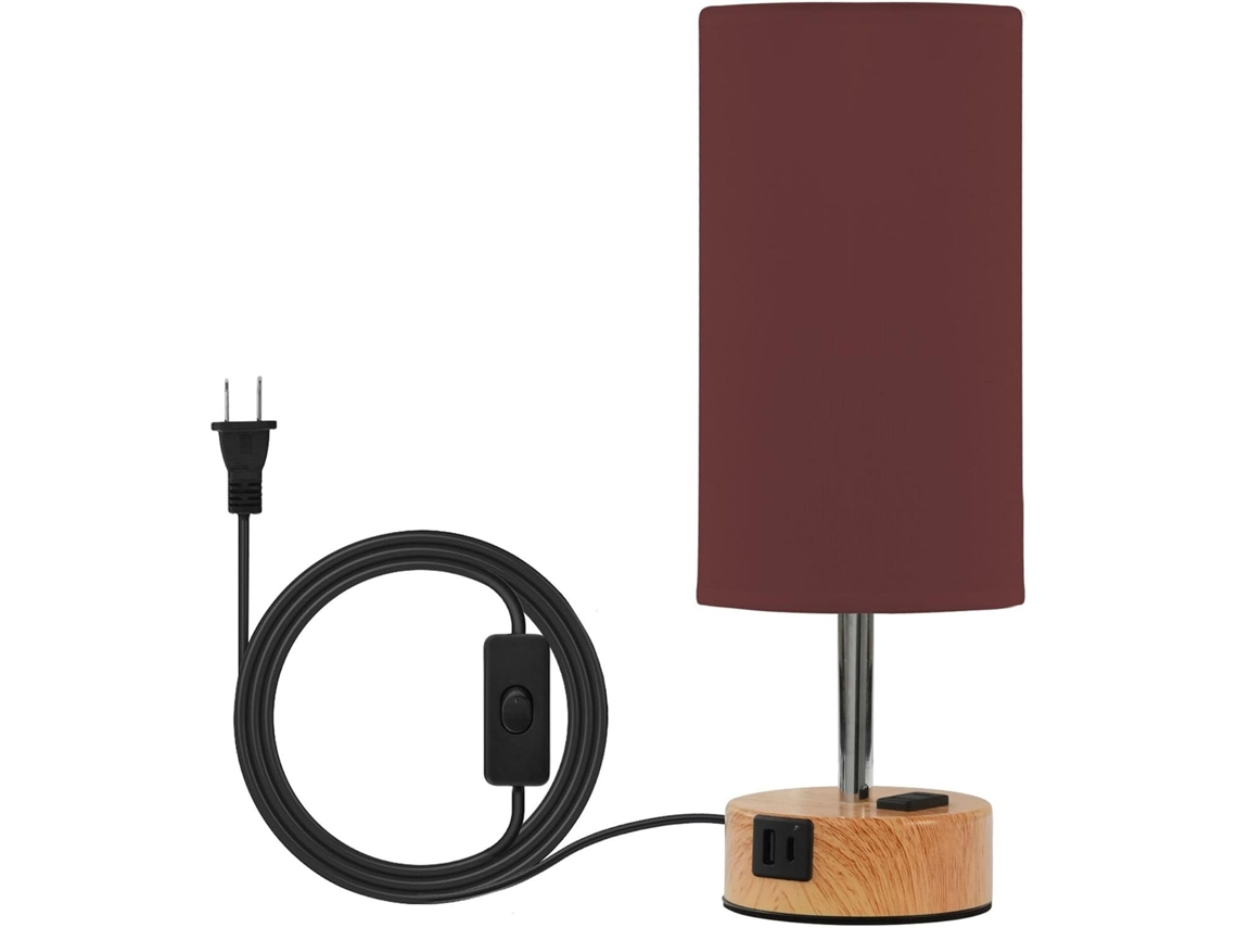 Base de mesa Yuiboo Borgonha simples com portas USB-C e USB-A, lâmpada LED incluída, estilo rústico.