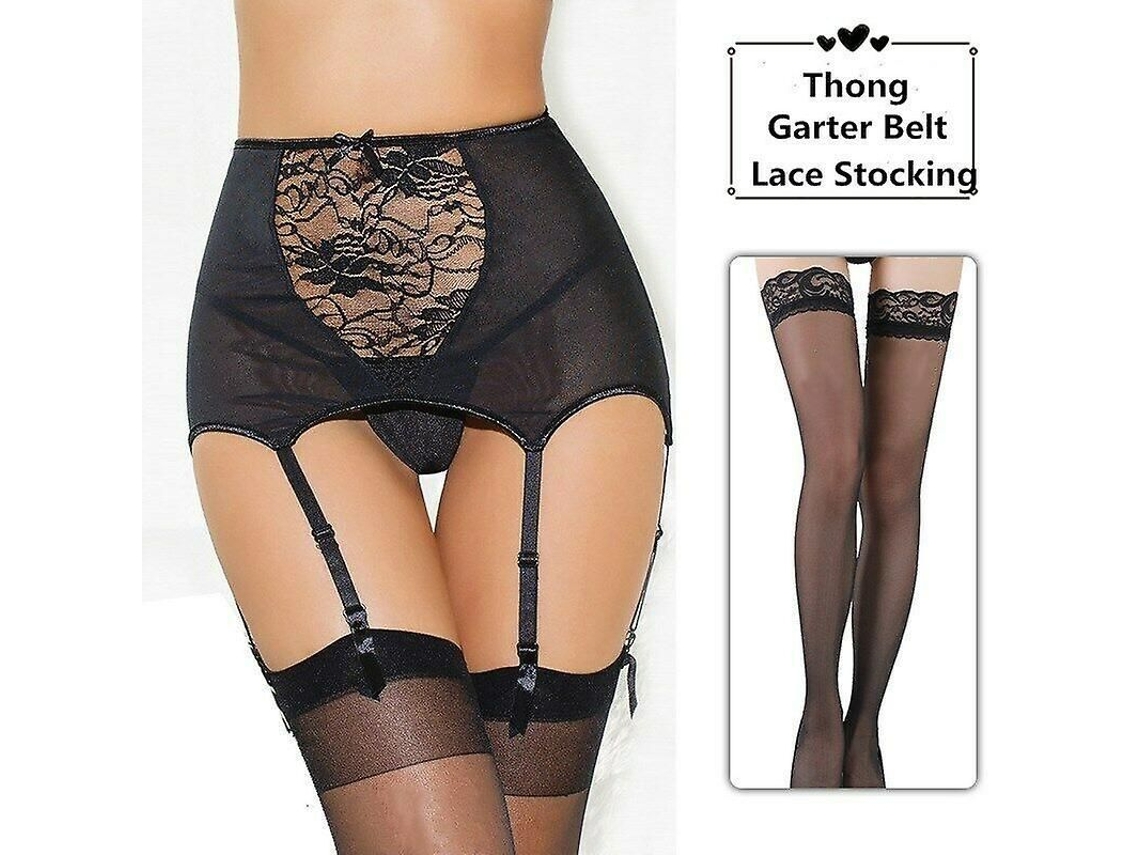 Conjunto de Lingerie Sexy de Calcinha com Cintura Alta e Meia Garters Plus Size Feminino Preto com Meias