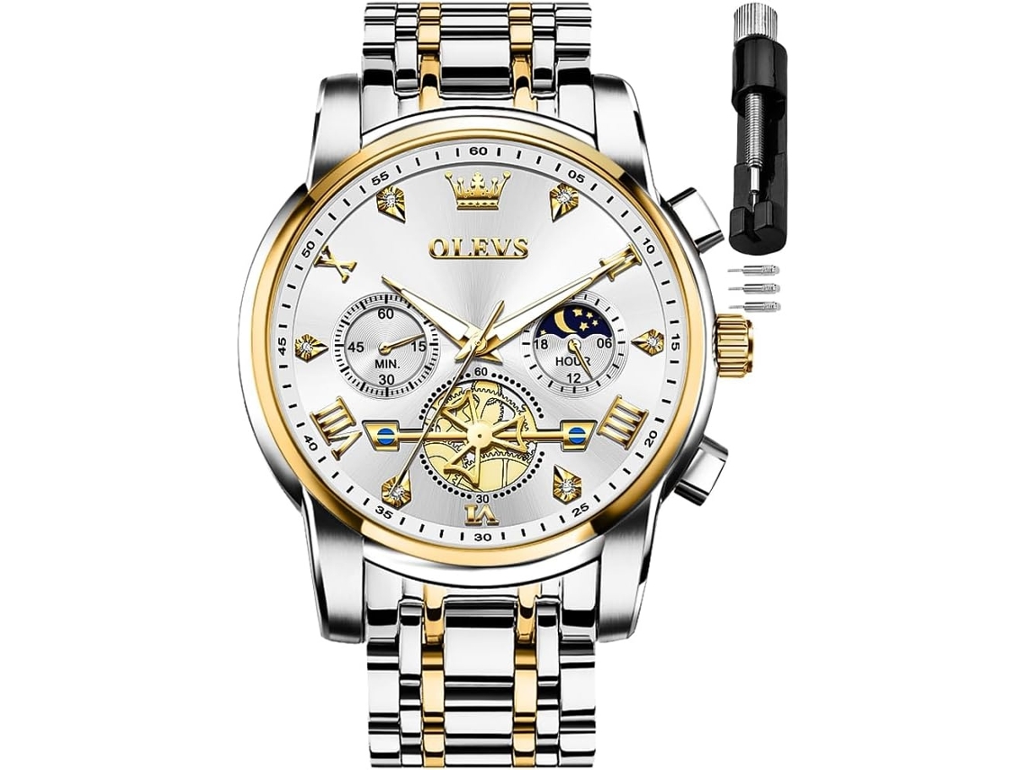 Lurelia Relógio Cronógrafo Masculino, Movimento De Quartzo, Analógico, Data/calendário, Luminoso, Detalhes Com Strass, Fase Da Lua, 42 Mm, Prata