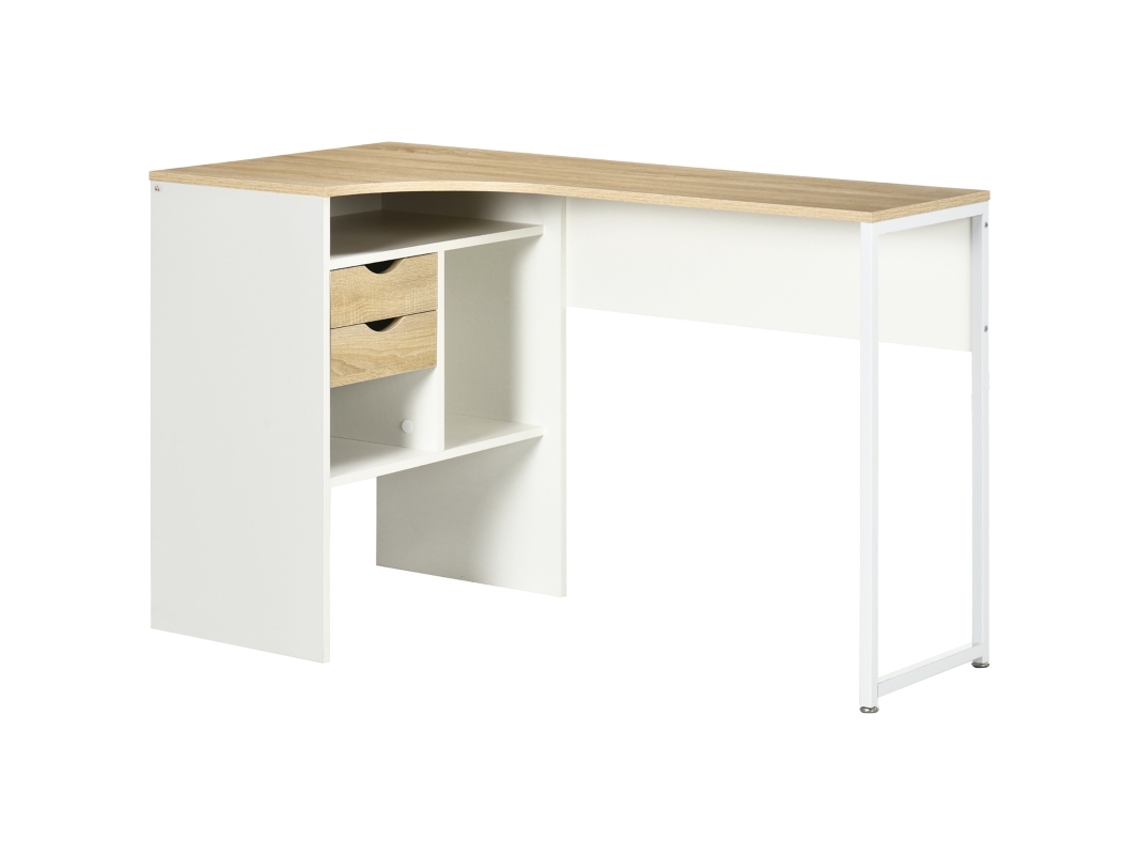 Mesa De Canto Em L 120x60 Cm Com 2 Gavetas E 3 Prateleiras Abertas, Escritório Ou Estudo Em Carvalho Claro Bga Store