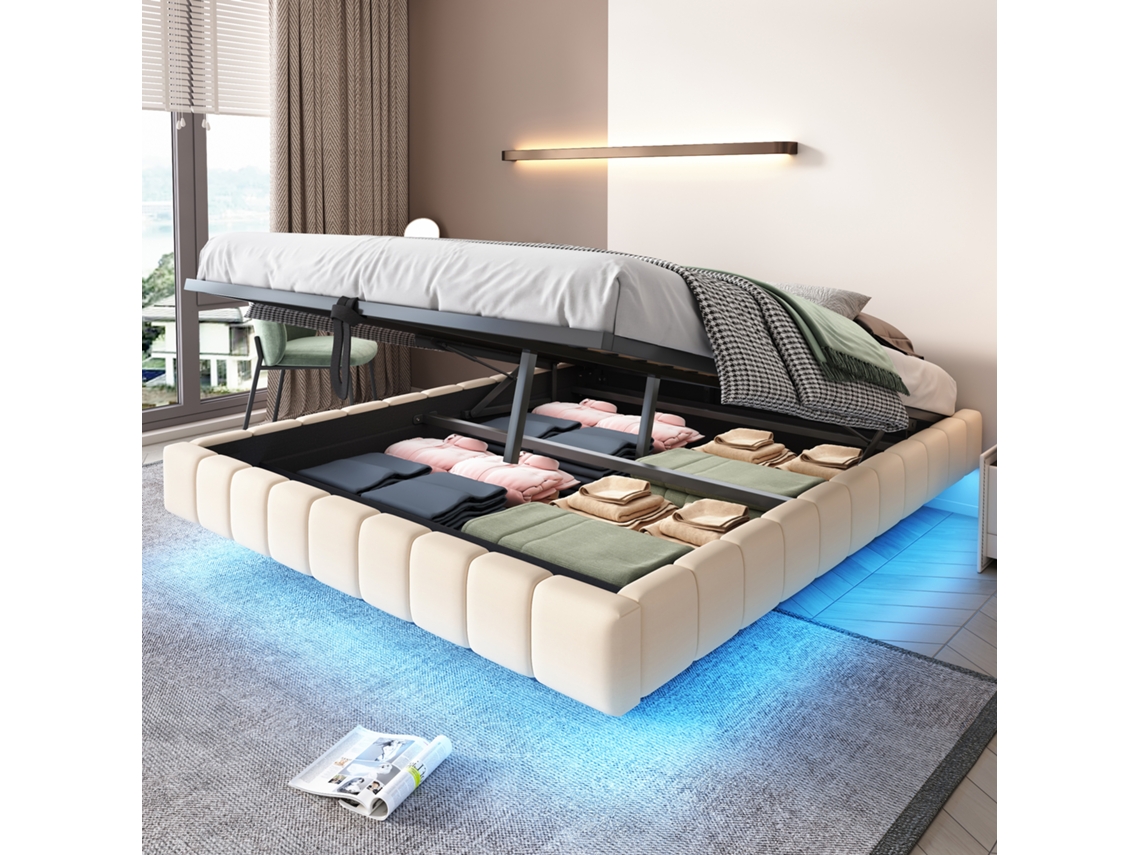 Cama Mola 160x200cm Com Armário, Apoio Hidráulico E Led Bege