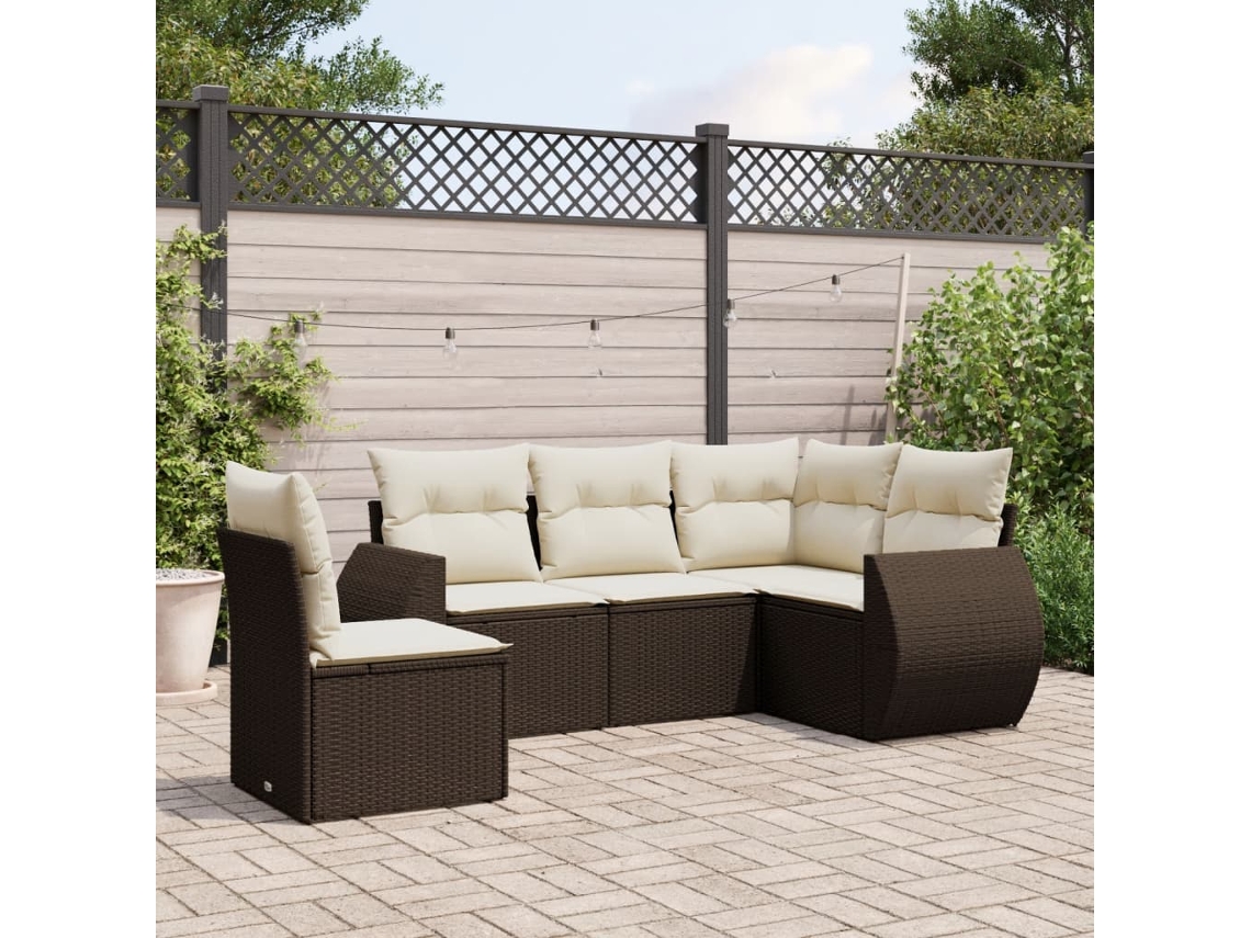 Vidaxl 5 Pcs Conjunto Sofás P/ Jardim C/ Almofadões Vime Pe Castanho