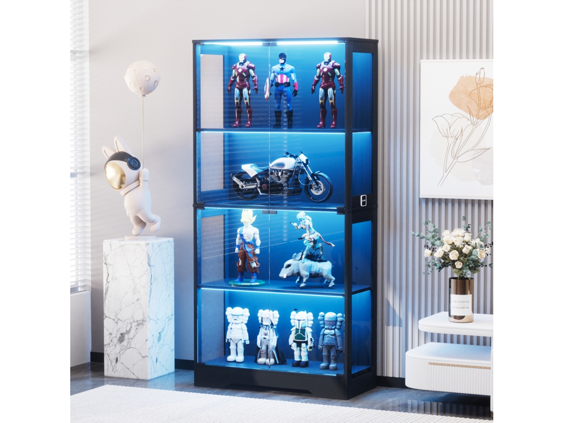 Vitrine De Vidro 4 Andares: Armazenamento, Led, Portas De Vidro E Sensores. À Prova De Poeira Para Sala, Quarto E Escritório. Preto.
