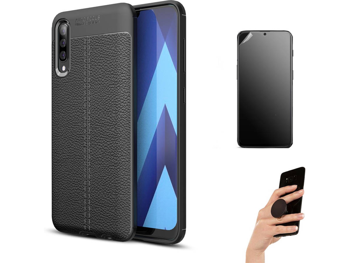 Kit Capa e Película Samsung A30S Ultimatte Rugged Leather e Popsocket Preto