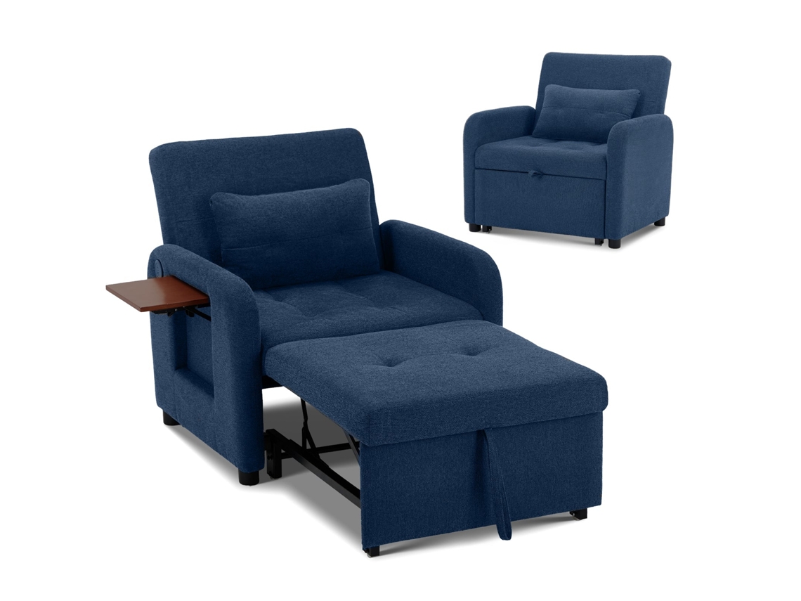 Smartue Poltrona-cama Dobrável Azul Escuro – Tecido, Função De Sentar E Deitar, Usb, Mesa Rebatível, Almofada, Encosto Ajustável