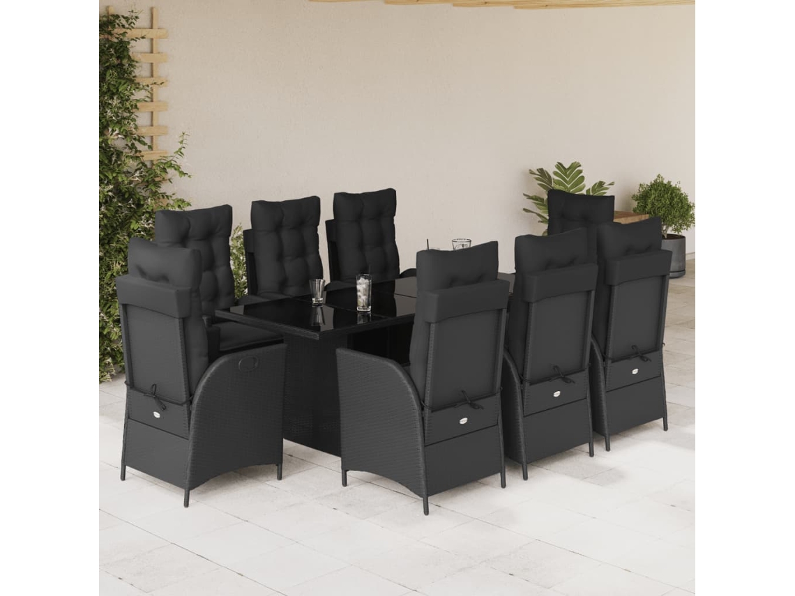 Conjunto 9 Peças Jantar P/ Jardim C/ Almofadões Vime Pe Preto Dkd Home Decor