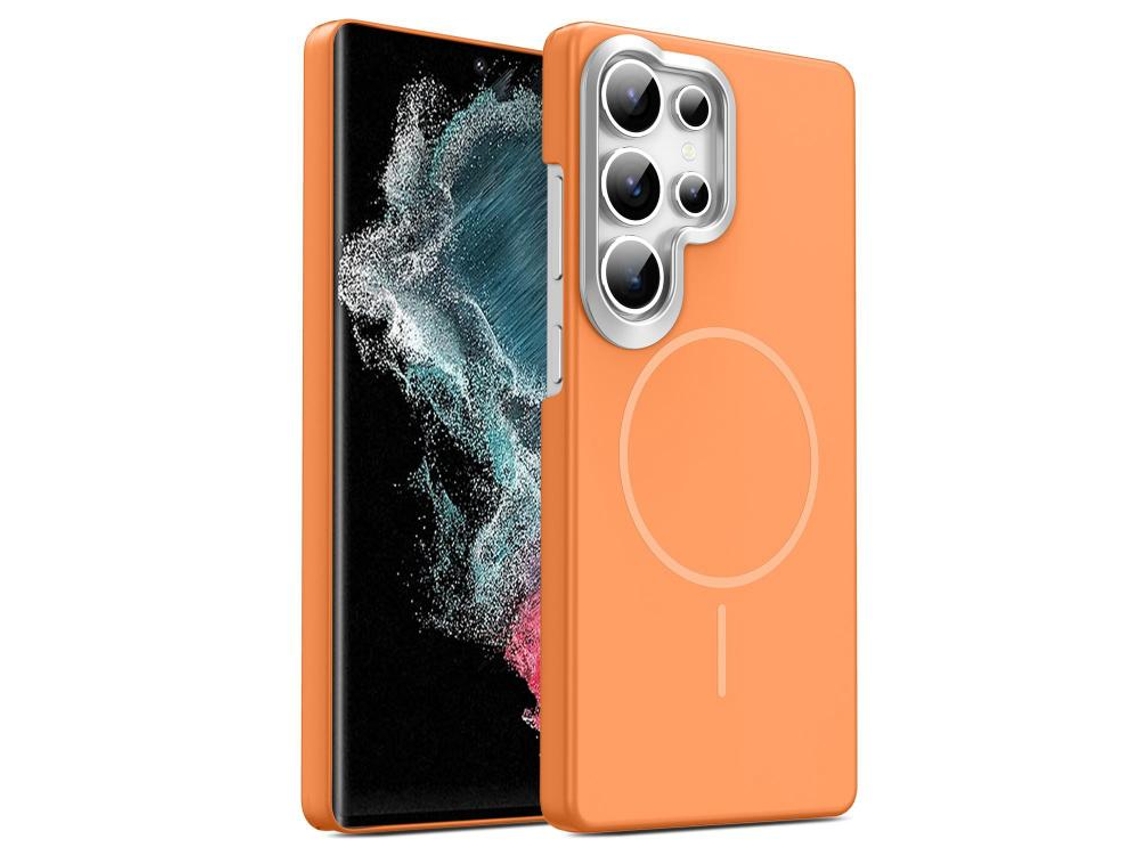 Capa Para Samsung Galaxy S22 Ultra 5g Fina Circular Magsafe À Prova De Choque Dourada Em Policarbonato Laranja