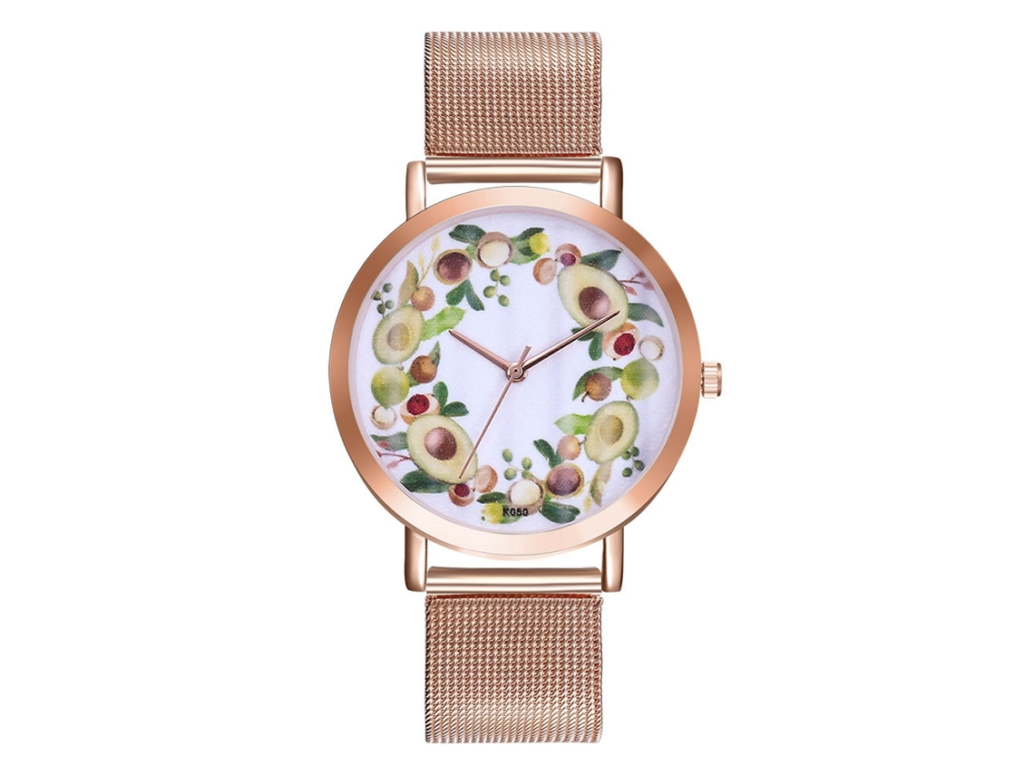 Relógio de quartzo unissex com mostrador redondo e pulseira de aço, cor ouro rosa casual.