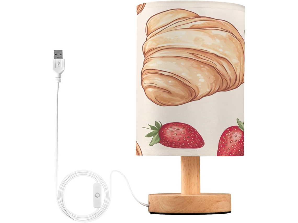 Luminária De Cabeceira Led Pequena Skyshu Em Formato Pão Morango Usb Com Base Madeira Antiderrapante E Cúpula Que Não