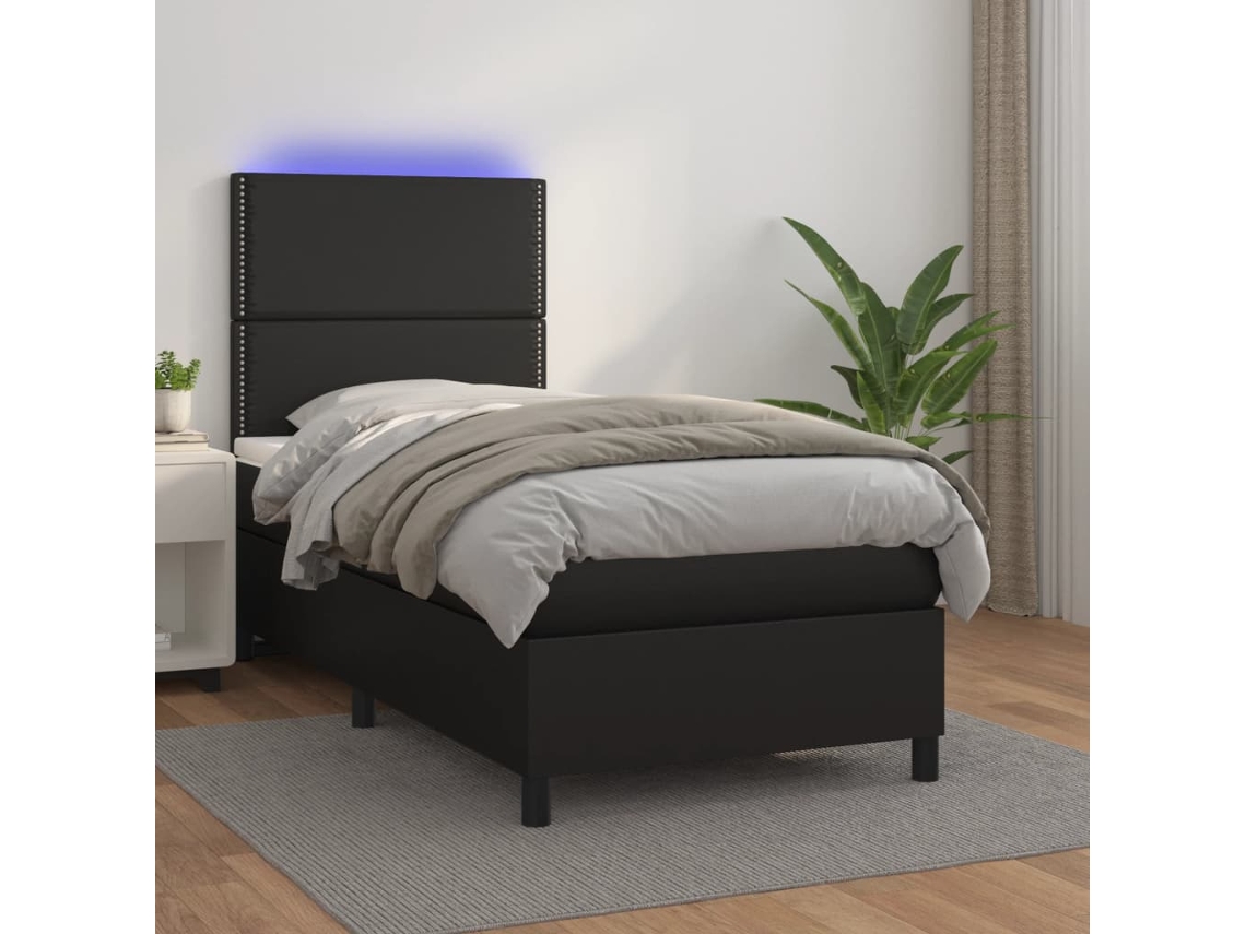 Vidaxl Cama Box Spring C/ Colchão/led 100x200cm Couro Artificial Preto