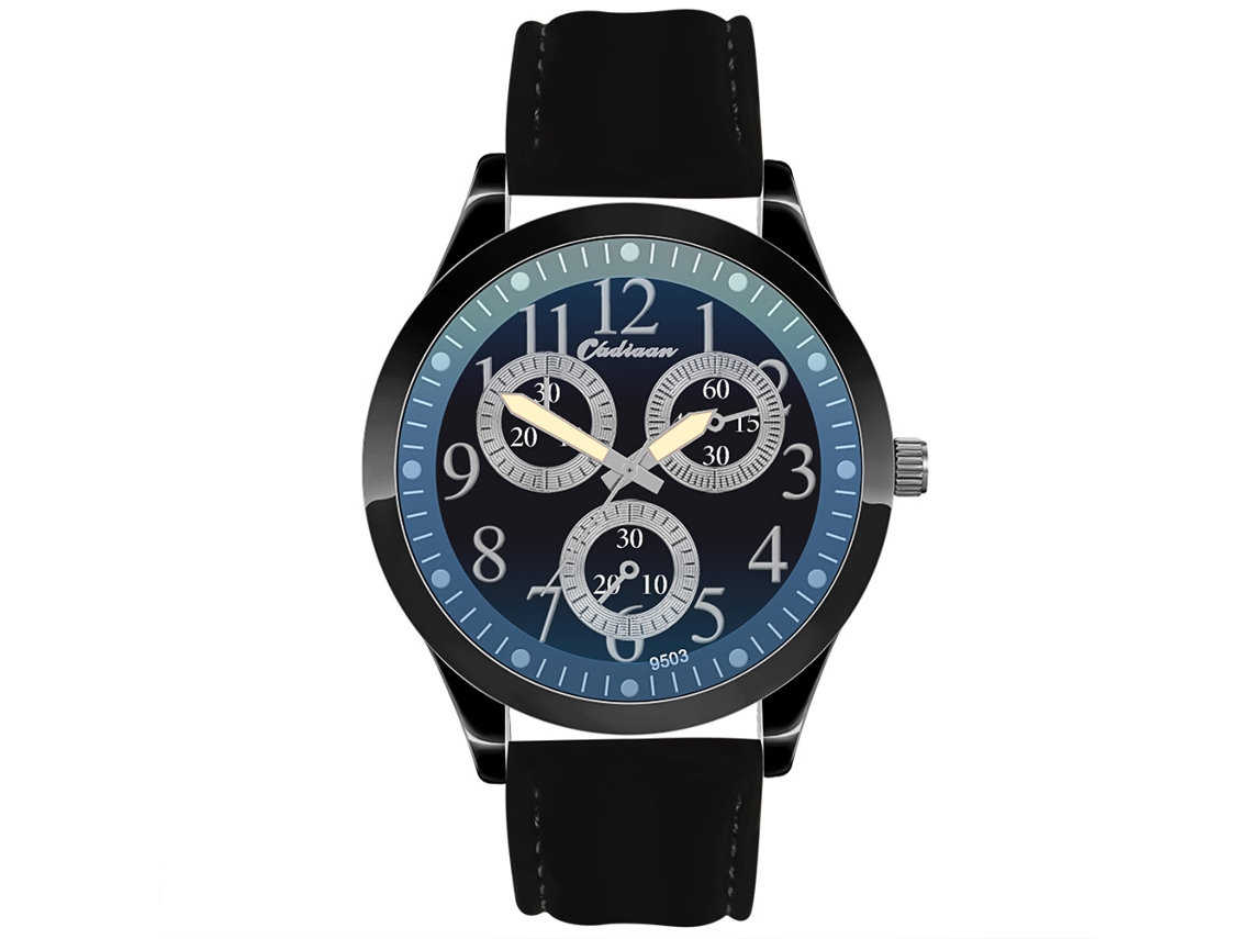 Relógio masculino de quartzo com pulseira de couro PU, mostrador moderno de três mostradores, preto.